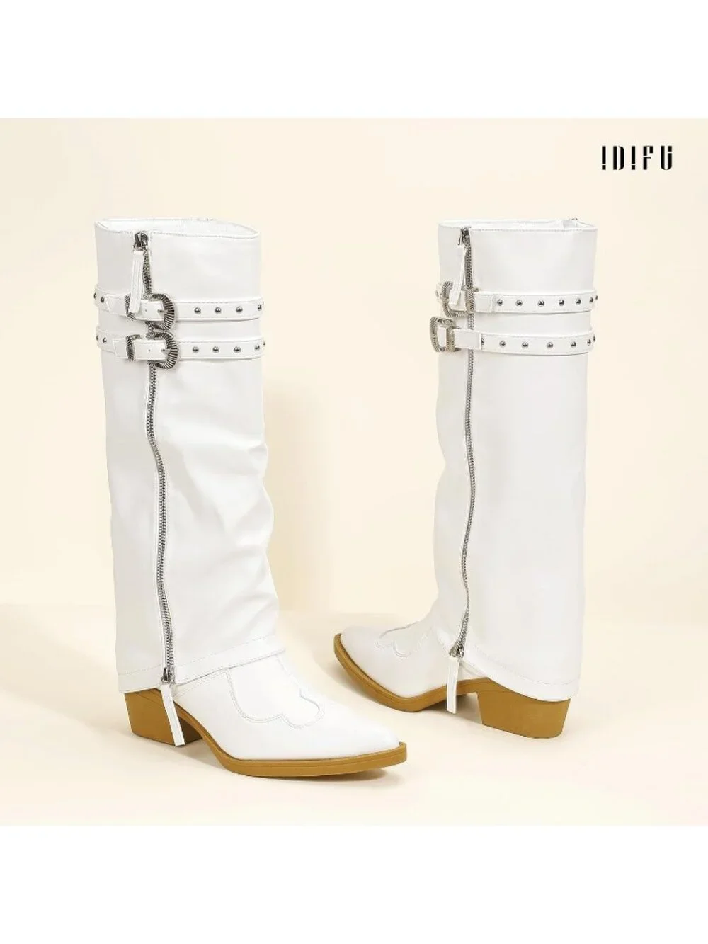 Women's White Manmade Knee High Fold Over Studded Chunky Heel Shark Boots